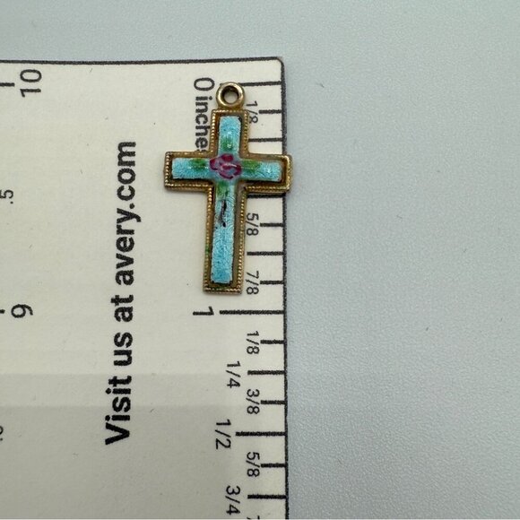 Vintage Blue Enamel Handpainted Floral Cross - Picture 5 of 14